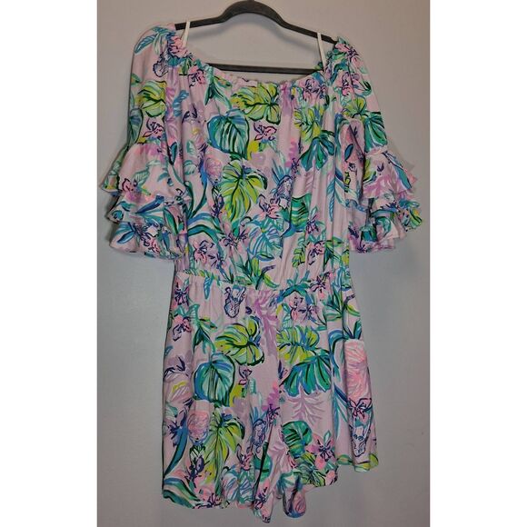 Lilly pulitzer womens medium off shoulder boat neck romper pink green - Picture 2 of 11